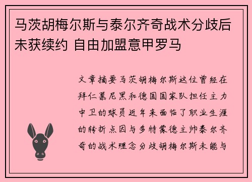马茨胡梅尔斯与泰尔齐奇战术分歧后未获续约 自由加盟意甲罗马